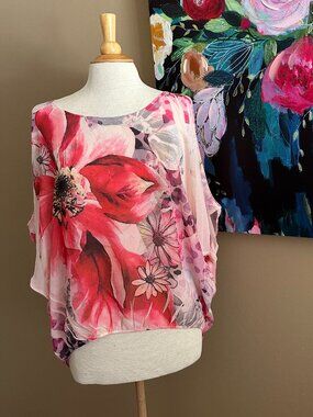 Bluebell Floral Chiffon Blouse XL 1X Pink Batwing Bubble Hem Sheer Boho Top